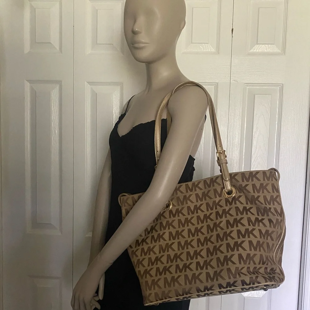 Michael Kors Brown and Gold Tote Bag with Signature MK Design - Picture 4 of 16